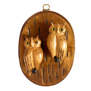 Vintage Folk art Wooden Owl Sculpture~ Hand Carved original art wall hanging~ Original folk art ~ Woodland decor~ Two Owls in love plaque