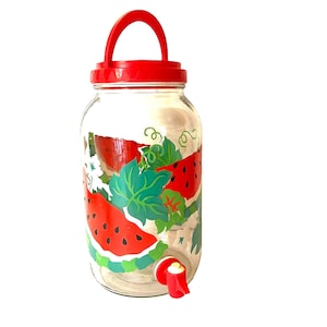 Vintage Watermelon Sun Tea Jar~ Colorful Plant design Iced Tea Dispenser~  One Gallon Iced Tea Jug With Handle~ Red, Green & white 1980&#39;s