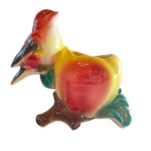Vintage Royal Copley Bird Planter~ Colorful Hand painted flower pot ~ Bird on Apple ~ Woodland Country decor~ Gift for bird lover