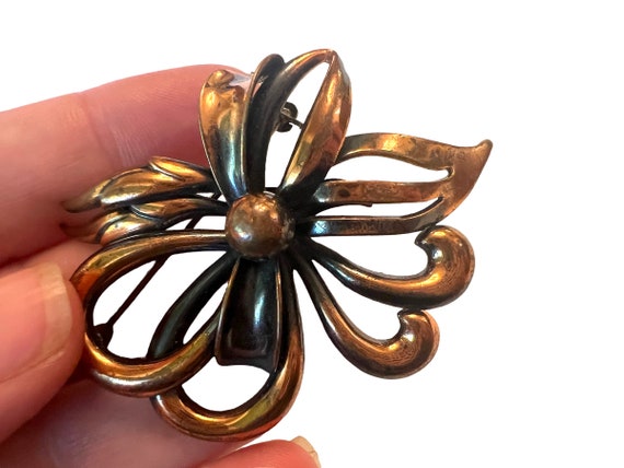 Vintage Copper Triad Flower pin~ Art Deco Bow bro… - image 2