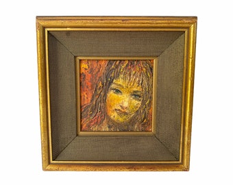 Mid Century Portrait Impasto painting ~ Original Small Portrait of Beautiful young woman ~ Wood and silk frame