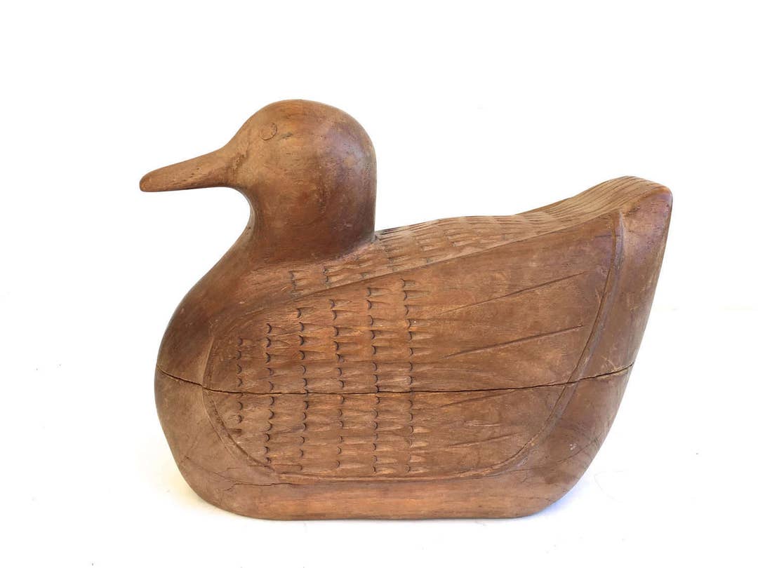 Vintage Folk Art Duck Box Jewelry Box, Stash Box Hand Carved Wooden Box
