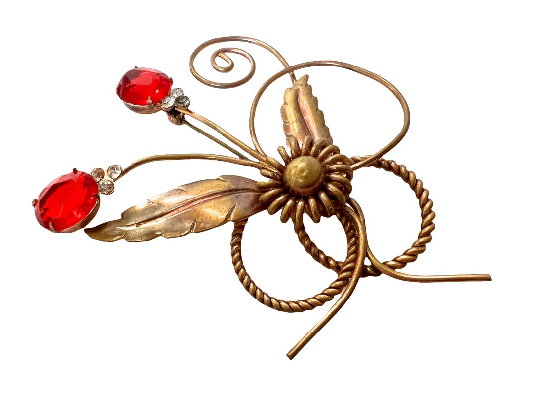 Mid Century Red Flower Brooch Art Nouveau Floral Pin Etsy