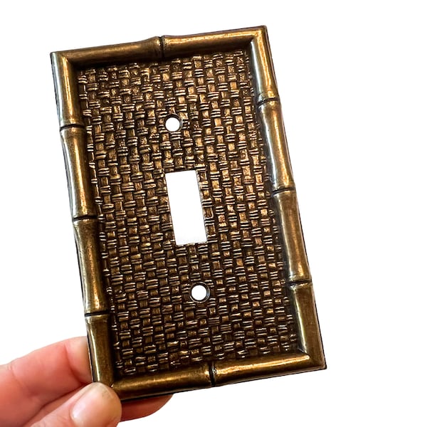 Mid Century Light Switch Cover ~ Tiki Bamboo Single Cover Plate ~ Woven Brass straw thatch & Bamboo Design~ 1960's Boho Decor
