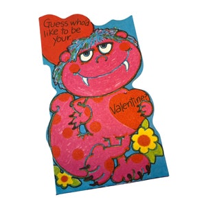 Vintage Pink Monster Valentine ~ &quot;Guess who&#39;d like to be your Valentine?&quot; 1970&#39;s Unused Die Cut Valentine&#39;s Day Card~ Polka dot Dinosaur
