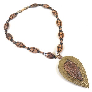 Vintage Brutalist Copper Necklace~ Copper & Brass Statement Necklace~ Unique Large pendant art piece~ 60&#39;s Organic abstract design