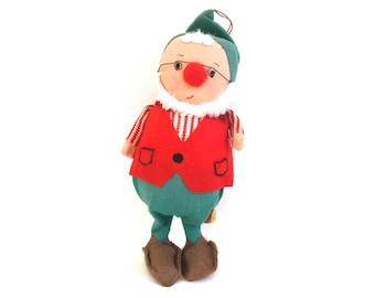 Stary świąteczny elf: czerwony filcowy Mikołaj, dekoracja świąteczna w stylu retro z lat 60.