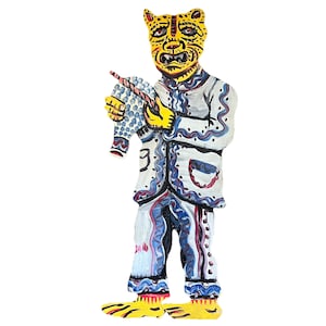 Michael Roman Folk Art Leopard ~ Original painting by listed Chicano artist~ RARE Mexican Folk art hand painted wood cut out wall art piece