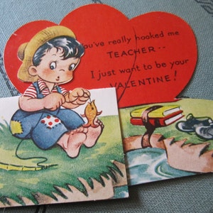 Vintage Valentinstag-Karte "Sie haben wirklich süchtig mich Lehrer. Ich will nur Ihr Valentine sein" süße 1950 Valentine kleine Junge Angeln
