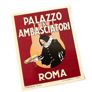 Vintage Rome Italy Luggage label~ Palazzo & Ambasciatori~ Authentic Luggage Suitcase Label, Napoli Rome