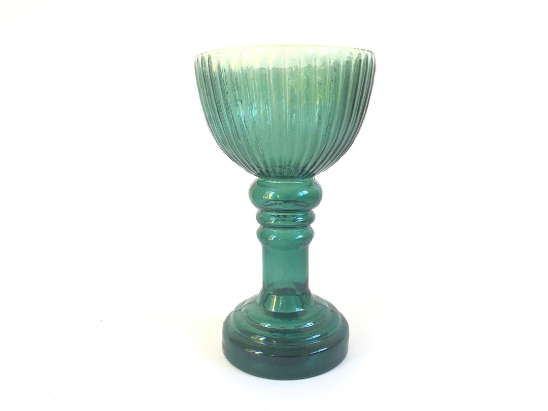 Vintage Glass Goblet Vase Aqua Blue Ribbed Art Glass Vase Etsy