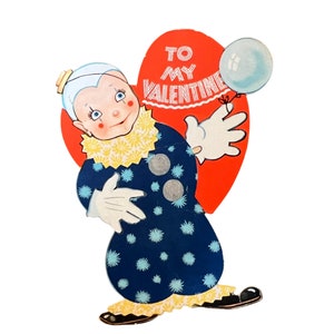Vintage Circus Clown Valentijnskaart ~ Valentijnsdag "To my Valentine" 1930's Die Cut ongebruikt ~ Clown met Ballon ~ Clown minnaar