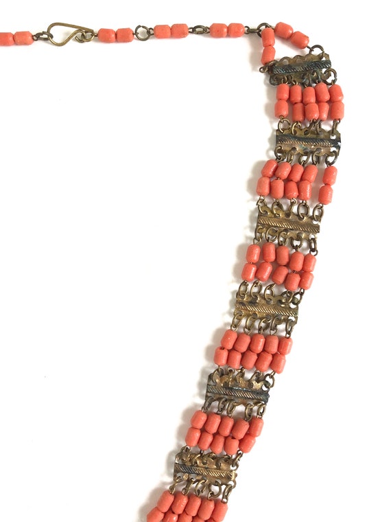 Vintage Egyptian Revival Necklace~ Coral Glass & … - image 4