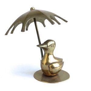 Vintage Brass Duck w/ Umbrella Figurine ~Unique playful Statement Piece~ Woodland Home Decor~ Nursery decor