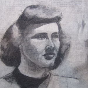 Originele houtskooltekening, vrouwelijk portret, originele kunst, op groot schetsblokpapier, vrouw pinup page meisje ~ 25 x 19 Frankrijk