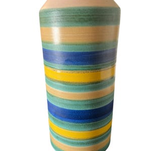 May include: A cylindrical ceramic vase with horizontal stripes in shades of beige, green, yellow, and blue. The vase has a slightly flared top and a smooth, glossy finish. The design is a modern take on a classic vase.