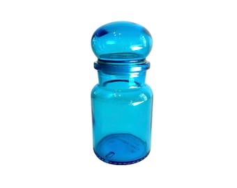 Vintage blå apoteksburk ~ Mid Century Modern förvaringsburk - bubbellock belgiskt glas