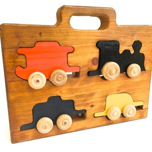Juego de tren de madera vintage ~ Rompecabezas de tren de 1970 ~ Juguete para niños ~ Juego de juguetes portátil ~ Hecho a mano por Ray Skillen