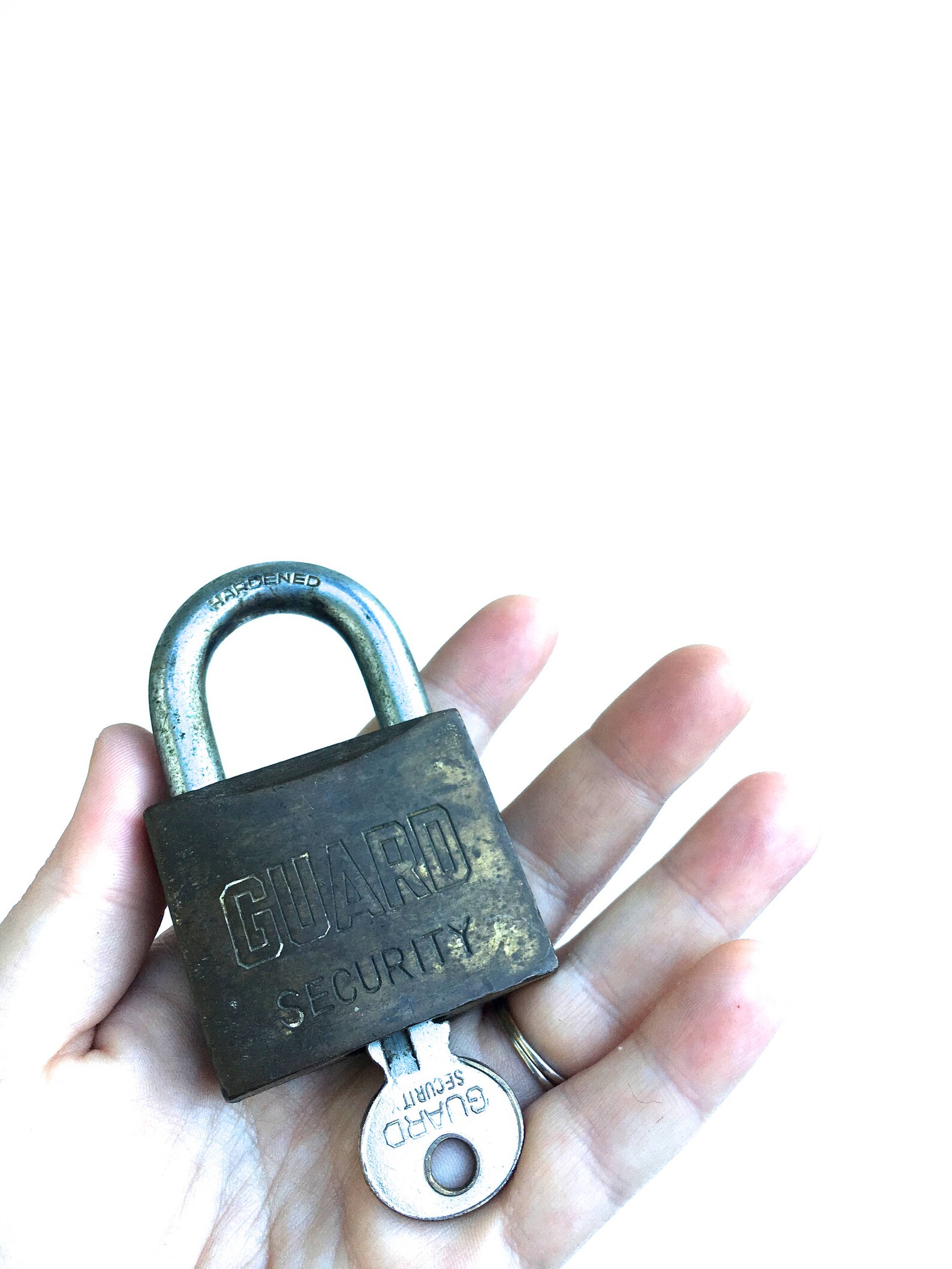 Vintage Guard Security Metal Lock Works W/ Original Key Patina'd Brass