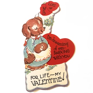 Vintage Hunde Valentinskarte ~ "I'm dreaming of em-barking with you for life!" Süßes 50er Jahre ~Puppy Dog Pun~ Retro Valentinstag Unsigniert