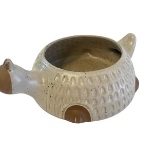 May include: A ceramic planter shaped like a turtle with a brown head and legs. The planter is white with a textured surface and a speckled glaze.