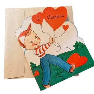 Carte de Saint-Valentin en ballon vintage « Vous évaluez SKY HIGH avec moi! » Sweet 1950's Unsigned die cut Valentine w / enveloppe originale ~ Menthe