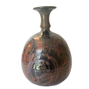 Mid Century Round Art Pottery Vase ~ Abstract circles ~ Vintage Boho pottery vase ~ Signed studio piece ~Brown, Rose & Bronze Glaze