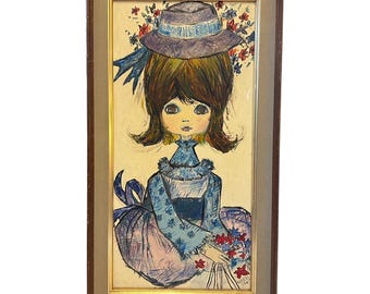 Mid Century Big Eye Girl Portrait, Original Signed Oil Painting, 1967