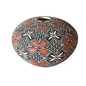 Vintage Acoma Pueblo Vase~ Nelda Lucero fine line polychrome art pottery - Southwestern signed pot