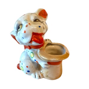 Vintage Petite Lusterware Dog Vase~ Small White Opalescent polka dot bud vase ~ Made in Japan