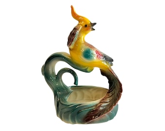 Vintage Tropical Bird Vase, Hand-Painted Ceramic French Country Decor