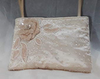 Vintage Beaded Cream Rose Silk  Handbag or Shoulder Bag  Brocade 5 1/2 X 8 Brand La Regale Bridal Dance  Excellent Condition