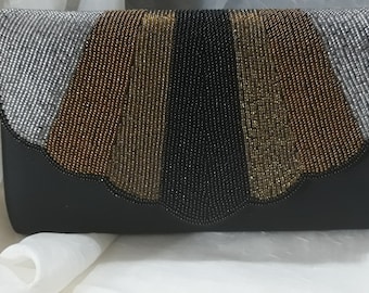 Glass Gold Black and Silver Beaded Shoulder Bag, Hand Made Mint Condition Art Deco Design Revival Vintage 1980