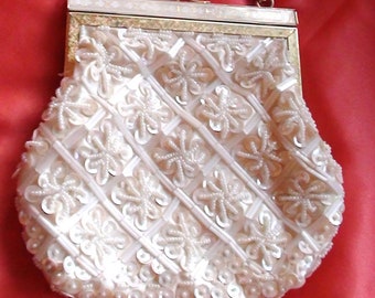 Antique Bag SEQUINS and Glass Beads on WHITE Silk Fabric  Clutch for your  Wedding Prom or Mother of the Bride Bag Handbag made in Japan