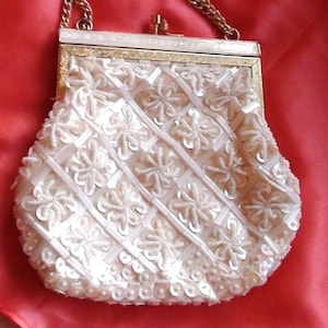 Dance Bride Antique Bag SEQUINS and Glass Beads on WHITE Silk Fabric  Clutch Wedding Prom or Mother of the Bride Bag Handbag made in Japan