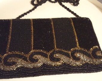 1980s Magid Vintage Black Silver and Gold  Beads  Evening Bag Excellent Condition Must see