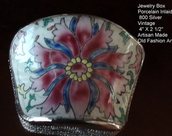 Low Grade Silver Antique BOX   Porcelain Inlaid Porcelain Top  Box Jewelry or Trinket Vanity Decor 800 Silver  on SaLe Now