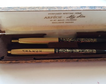 Vintage Gold and Black Pen Set of Two Perfumed Scented Pens 14 kt Gold Filigree, Arpege  My Sin, Original Gift Box Empty Ink