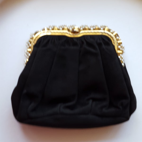 Black Clutch Evening Cocktail or Mourning Bag with a Gold Clasp and Faux Pearls Antique