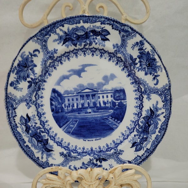 Antique George H Bowman Blue & White Historical Collectible Plate of The White House