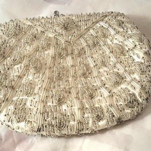 ART DECO Cream Bag Clutch Bridal  Glass Seed Beads  on White Silk Fabric  Wedding Prom or Mother of the Bride Bag