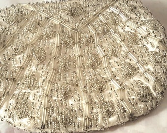 ART DECO Cream Bag Clutch Bridal  Glass Seed Beads  on White Silk Fabric  Wedding Prom or Mother of the Bride Bag