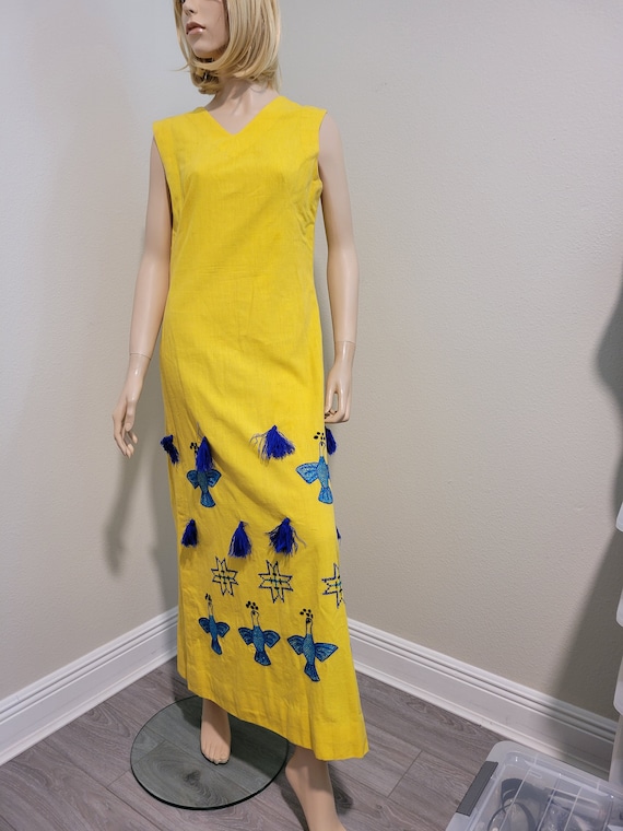 Vintage Folklorico Dress Art of Mexico made in Arizona Hand Made Cross Stitch and Linen Artisan Design Size 12