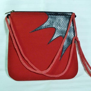 Vintage Geometric Travel Cross Over Bag REd Velvet and Genuine  Leather  Impressionist Retro original Vintage Excellent bag