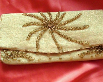 Envelope bag with Beaded  Glass BEads Gold and Gold Fabric  LE SOIR  for your  Wedding Prom or Mother of the Bride Handbag