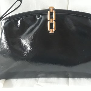 Cartera de mano retro de los años 50 con elegante cierre en tono dorado, bolso de noche negro de Jane Shilton, fabricado en Inglaterra, piel Gen en perfecto estado