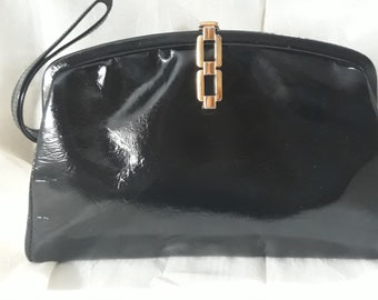 Retro 1950s Clutch Purse with Elegant Gold tone Clasp Black  Evening Bag by Jane Shilton made in England Pristine Condition Gen Leather
