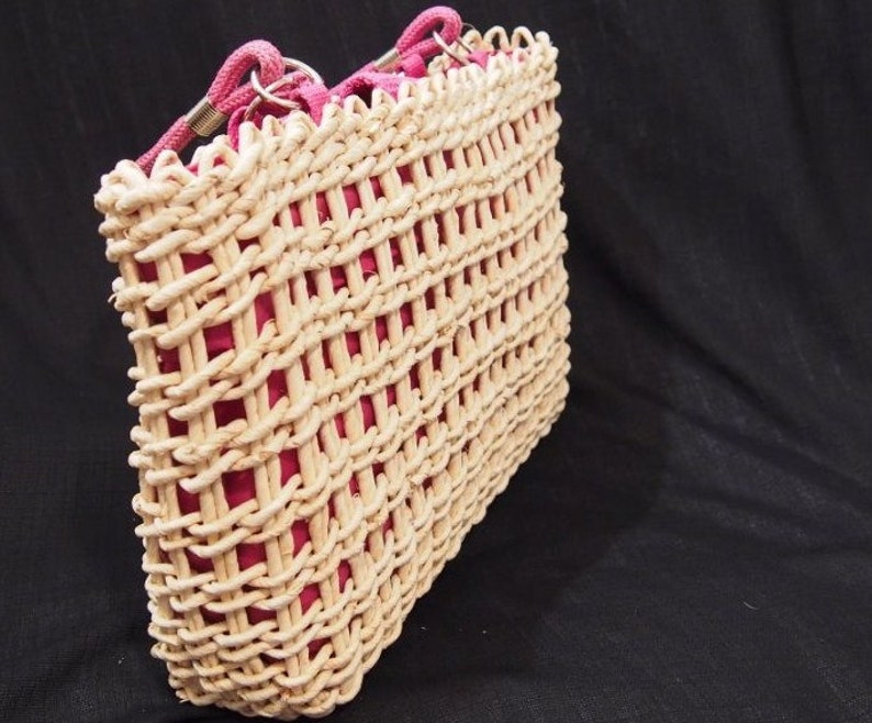 CORN HUSK 1990s Bag Handbag Tan Braided With Cotton on Pink Etsy