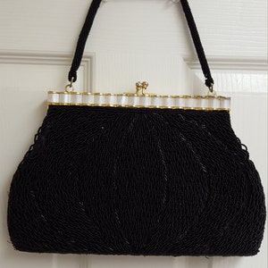 Clutch Art Deco Beaded Black Glass  Evening Bag Great Condition a  Must see and Have Cocktail Mourning Elegant handbag