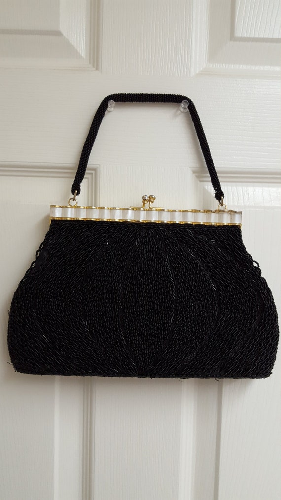 Clutch Art Deco Beaded Black Glass Evening Bag Great Condition a